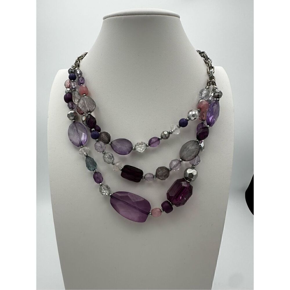 Vintage Beaded 3 layered necklace, purple, pink clear, silver toned, collar leng